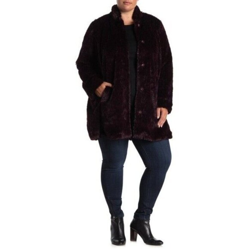 Kenneth Cole Burgundy Faux Fur Teddy Coat Mid Length Jacket SZ 1 X NWT $250